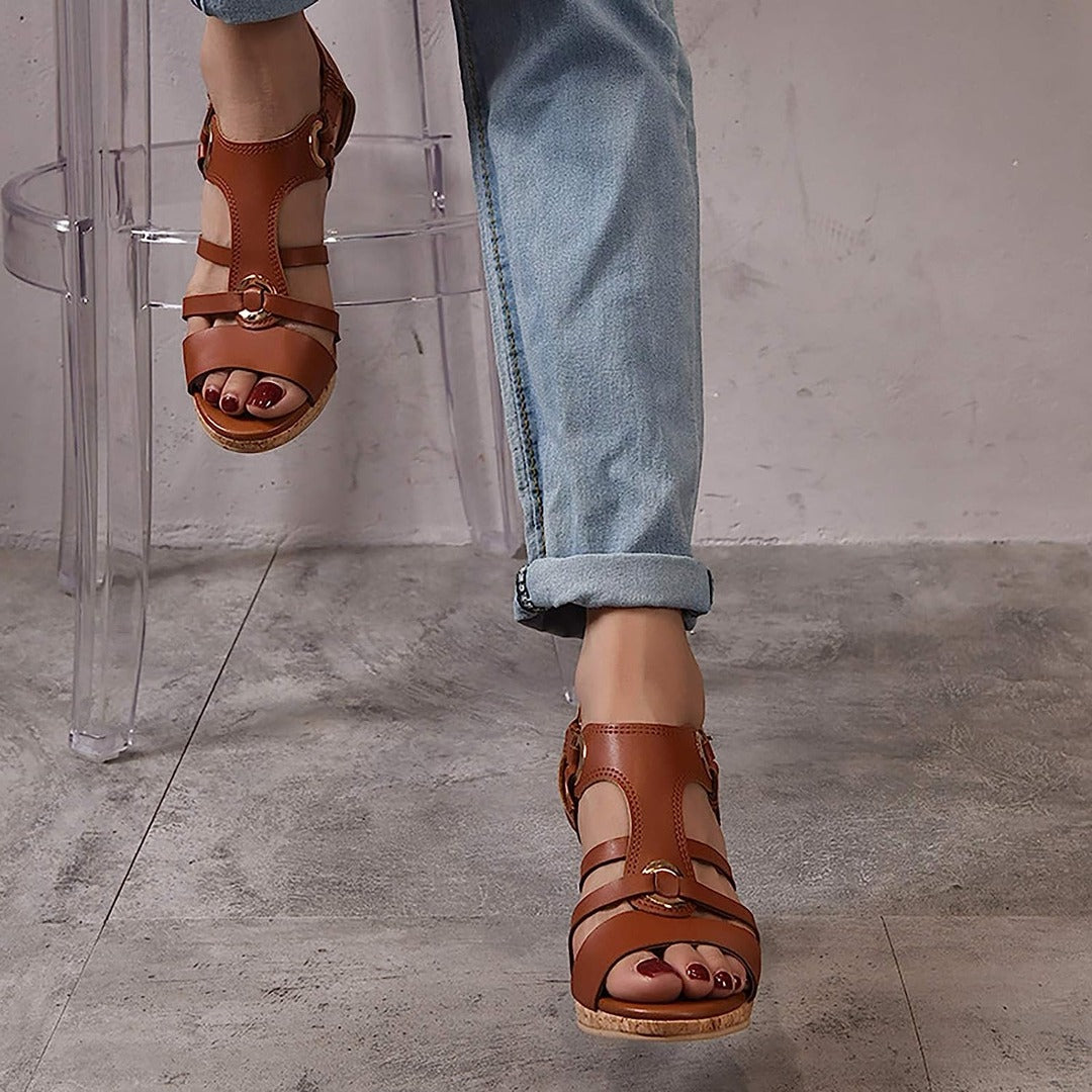 Women's Strappy Heeled Sandals with T-Bar Upper and Gold Eyelet Hardware
