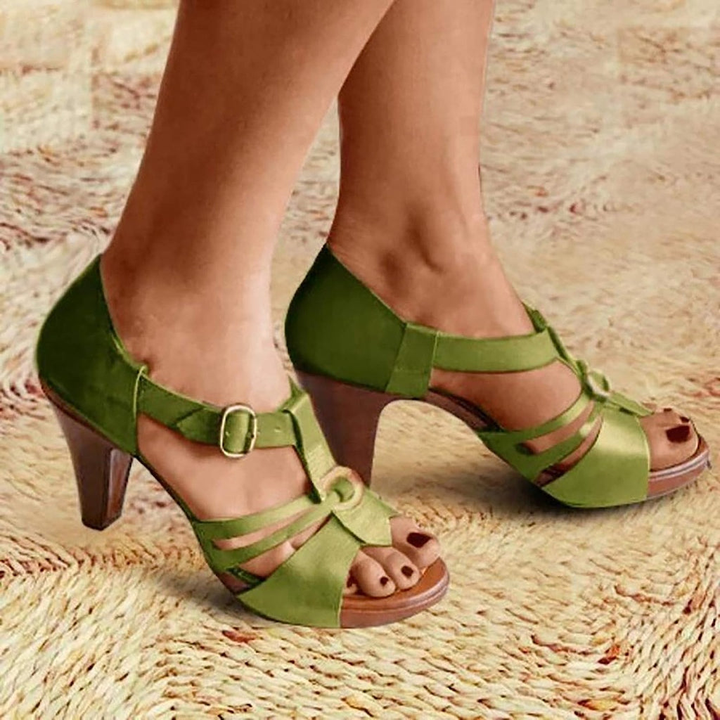 Women's Strappy Heeled Sandals with T-Bar Upper and Gold Eyelet Hardware