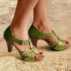 Women's Strappy Heeled Sandals with T-Bar Upper and Gold Eyelet Hardware