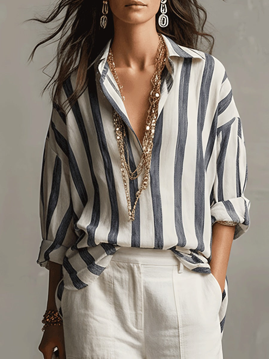 Women's Striped Oversized Shirt with Point Collar
