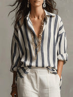 Women's Striped Oversized Shirt with Point Collar