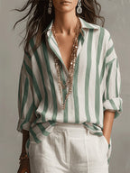 Women's Striped Oversized Shirt with Point Collar