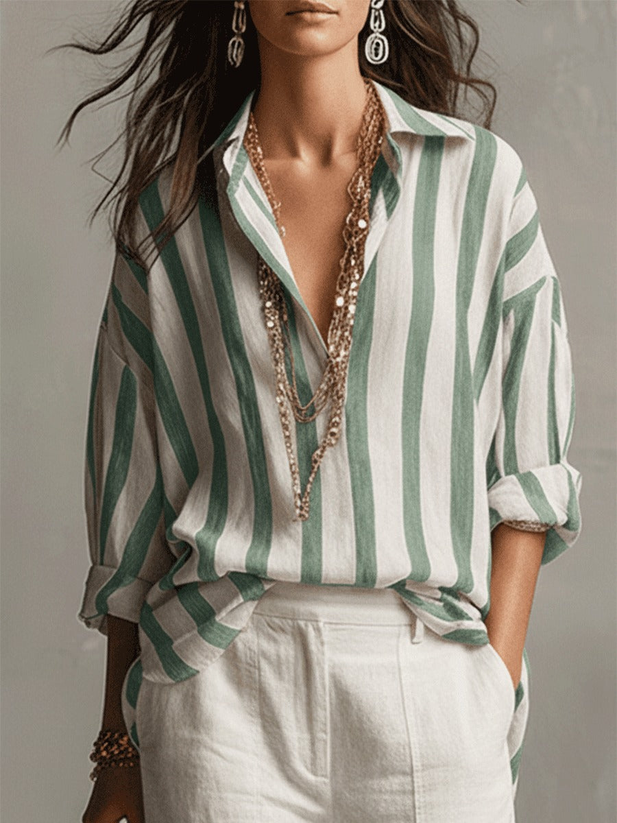 Women's Striped Oversized Shirt with Point Collar