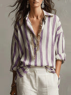 Women's Striped Oversized Shirt with Point Collar