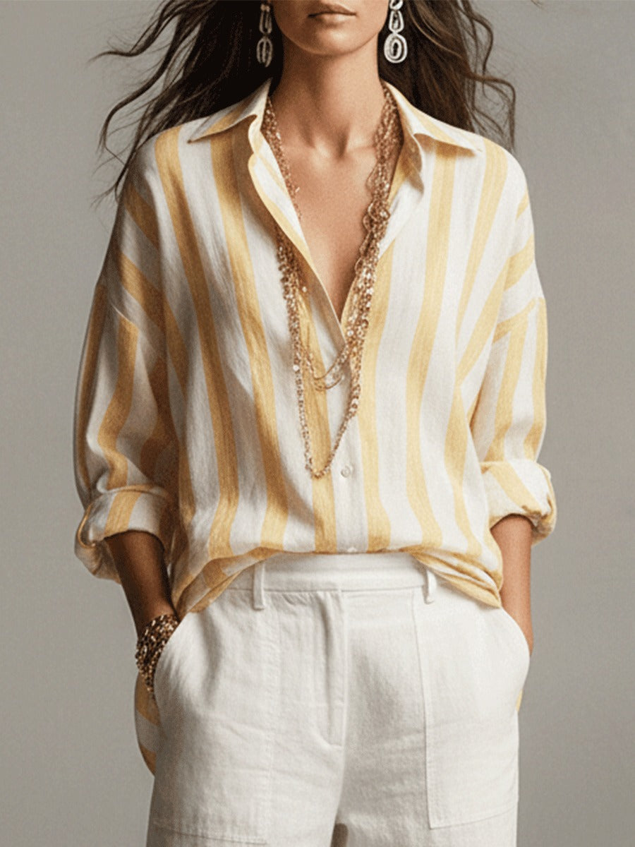 Women's Striped Oversized Shirt with Point Collar