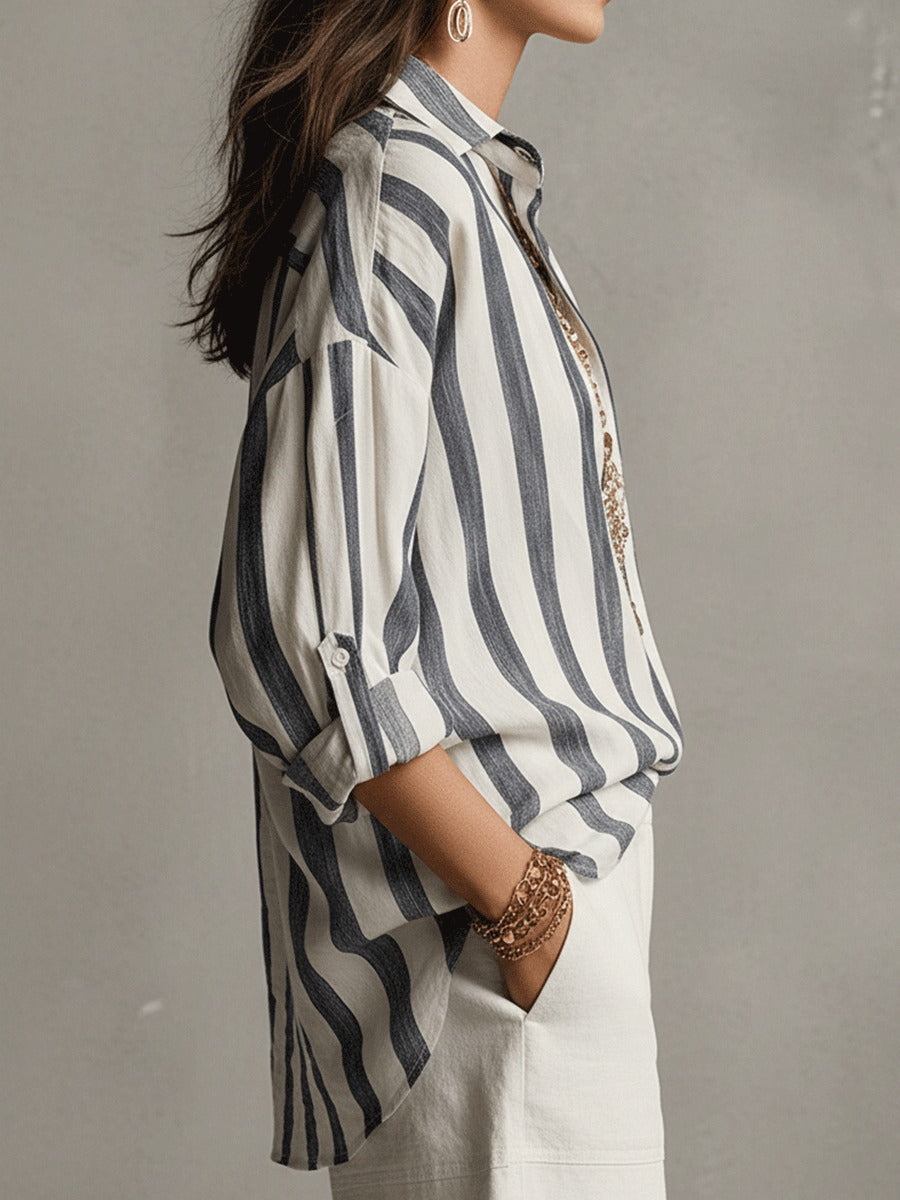 Women's Striped Oversized Shirt with Point Collar