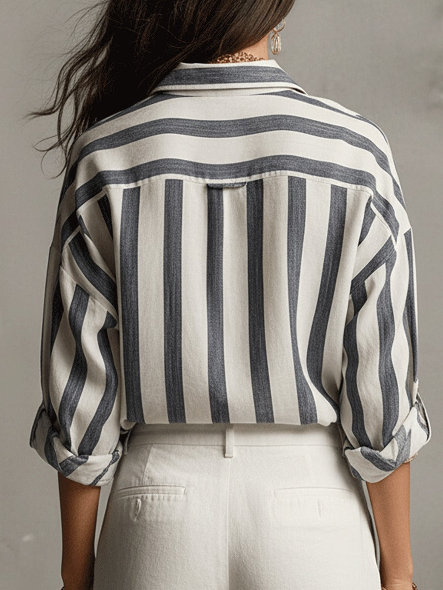 Women's Striped Oversized Shirt with Point Collar