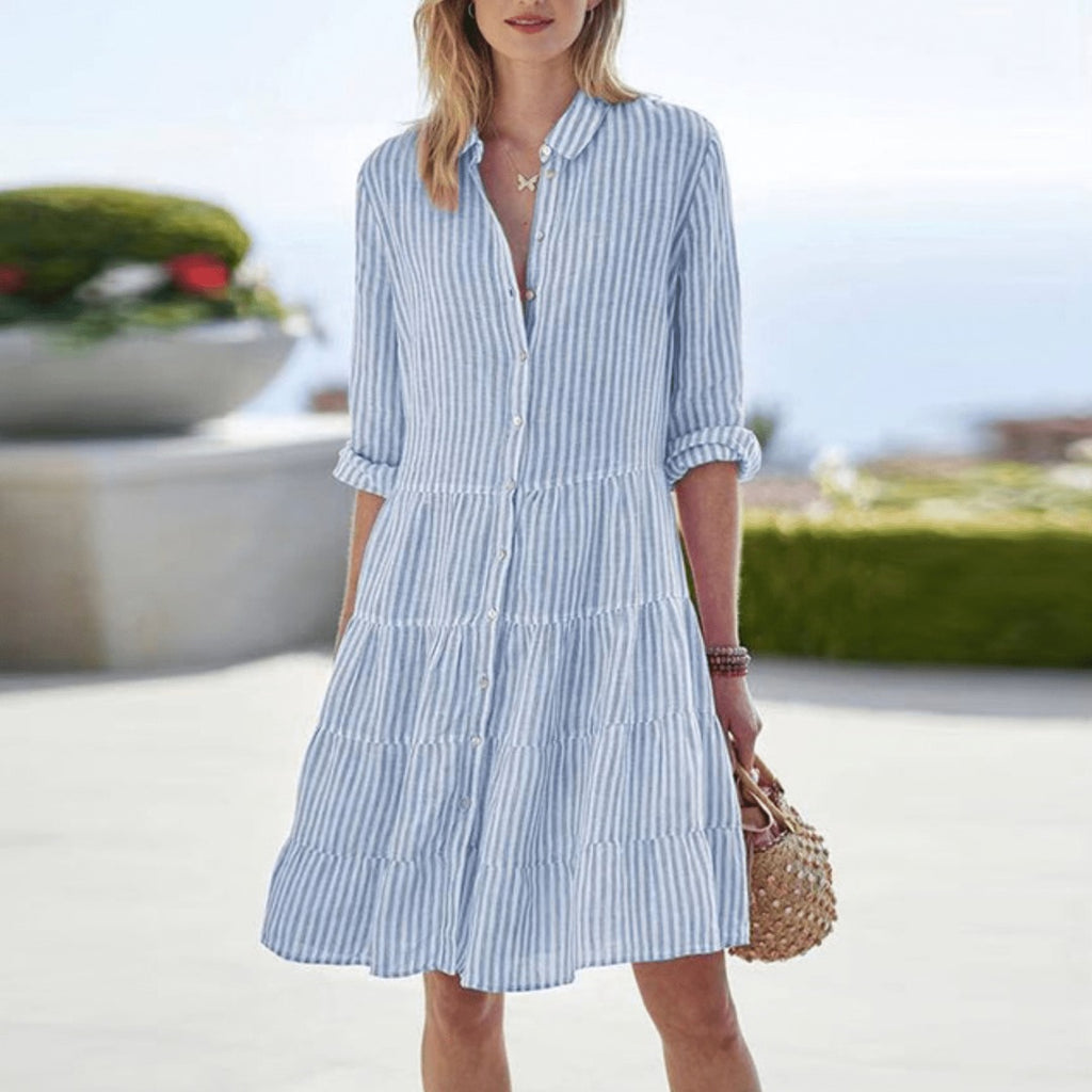 Women's Striped Shirt Dress with Point Collar and Three-Quarter Sleeves and Tiered Skirt