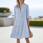 Women's Striped Shirt Dress with Point Collar and Three-Quarter Sleeves and Tiered Skirt