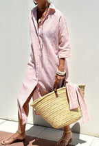 Women's Striped Shirt Dress with Point Collar Button Front Tie Waist and Side Slits