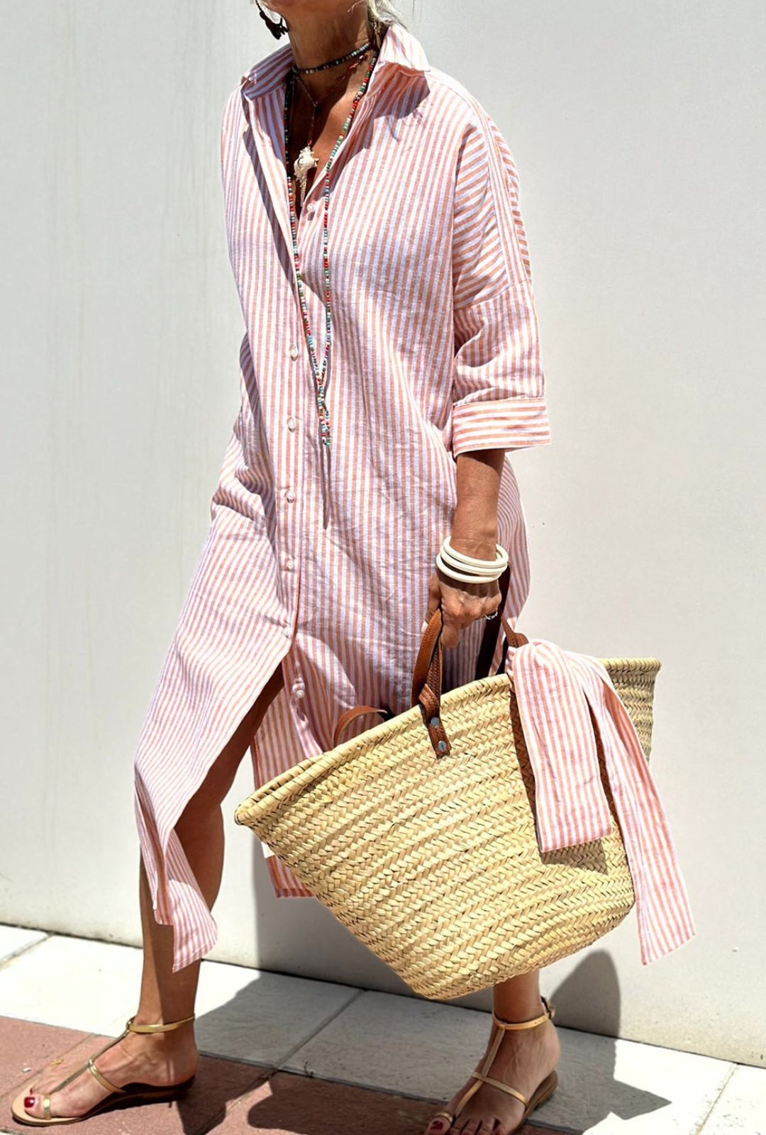 Women's Striped Shirt Dress with Point Collar Button Front Tie Waist and Side Slits