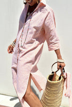 Women's Striped Shirt Dress with Point Collar Button Front Tie Waist and Side Slits