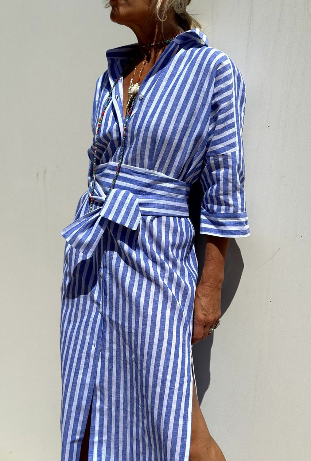 Women's Striped Shirt Dress with Point Collar Button Front Tie Waist and Side Slits