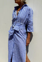 Women's Striped Shirt Dress with Point Collar Button Front Tie Waist and Side Slits
