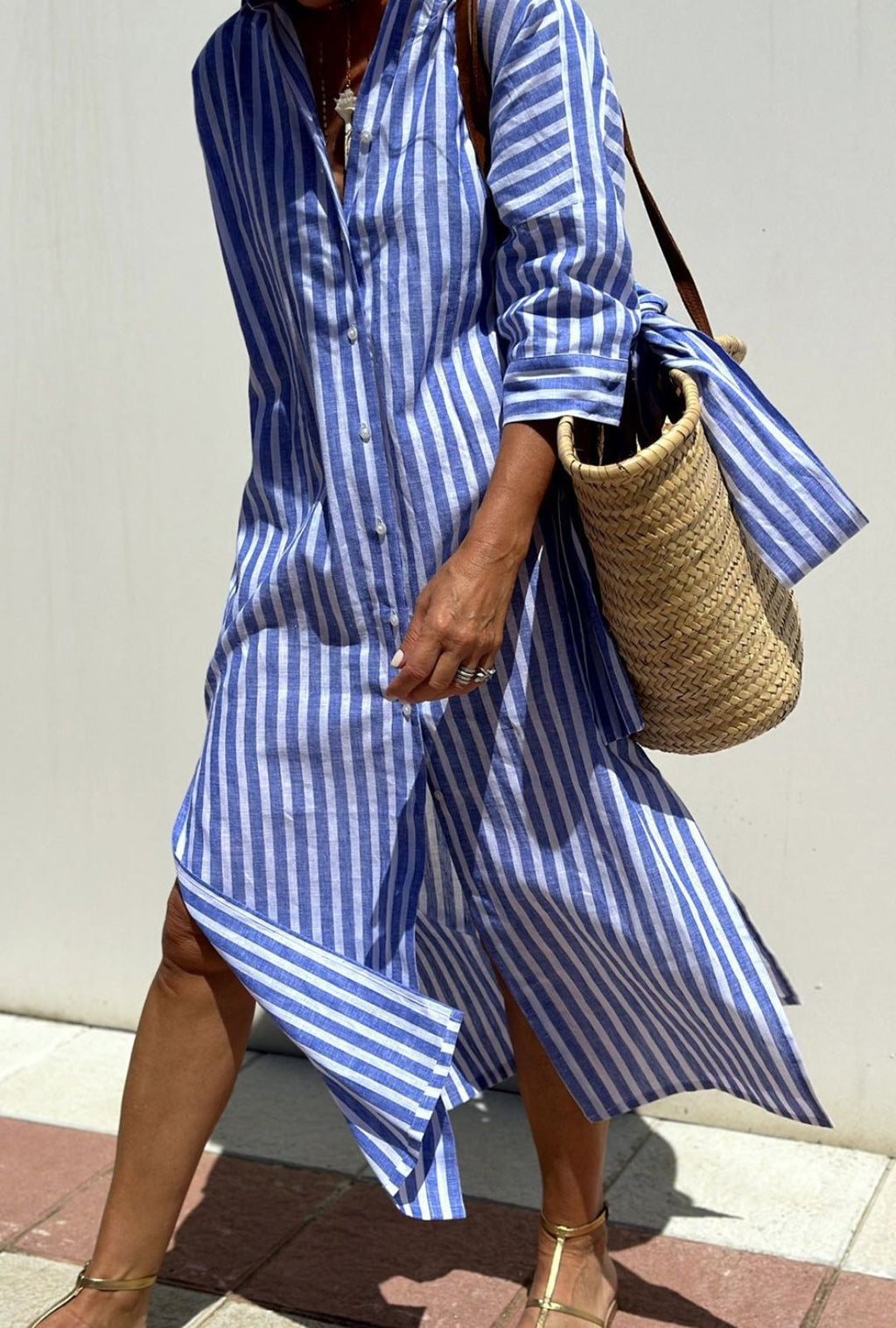Women's Striped Shirt Dress with Point Collar Button Front Tie Waist and Side Slits