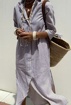Women's Striped Shirt Dress with Point Collar Button Front Tie Waist and Side Slits