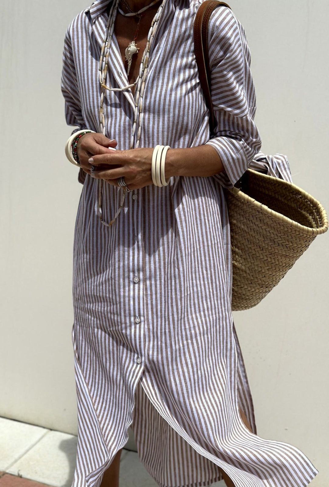 Women's Striped Shirt Dress with Point Collar Button Front Tie Waist and Side Slits