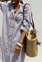 Women's Striped Shirt Dress with Point Collar Button Front Tie Waist and Side Slits