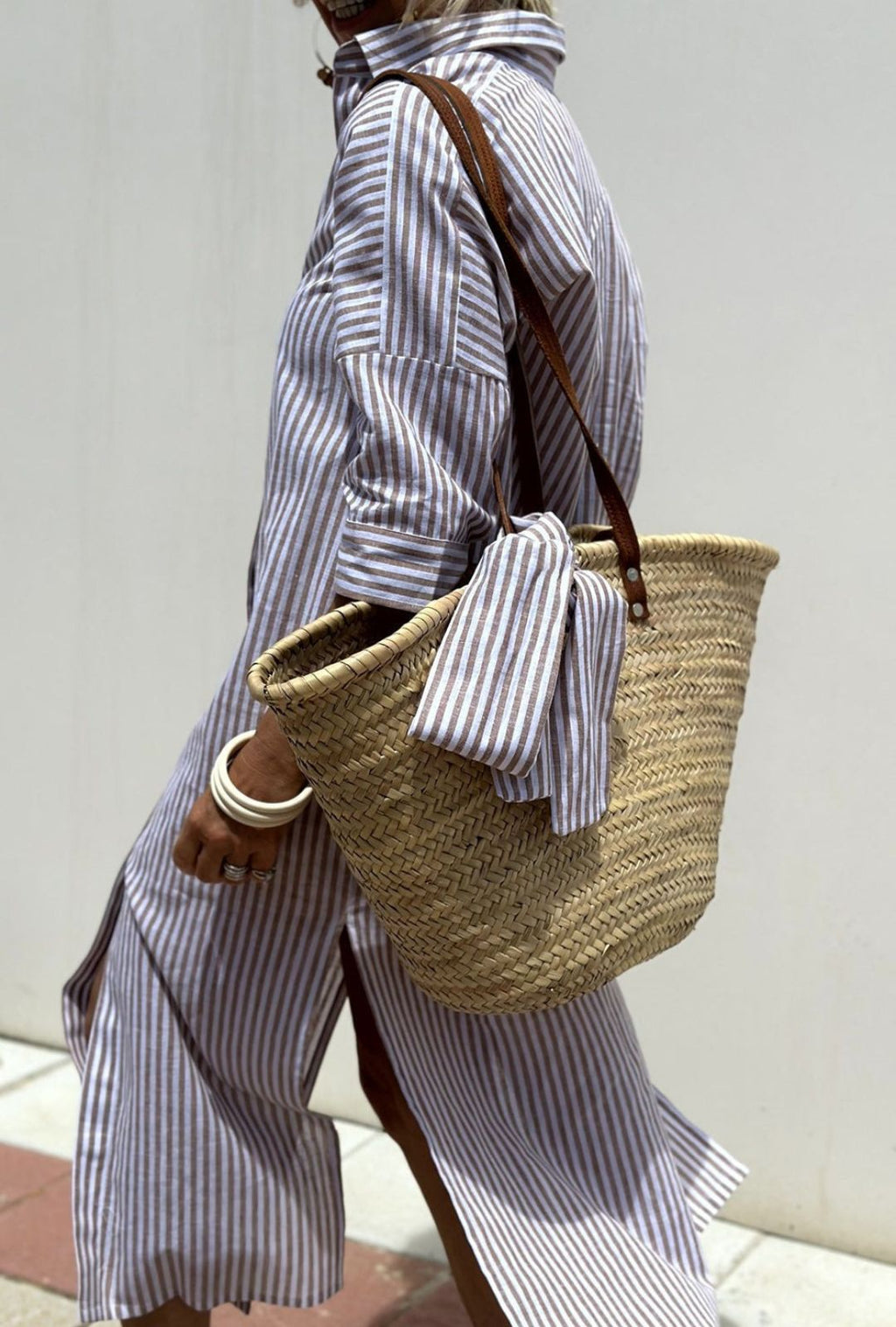 Women's Striped Shirt Dress with Point Collar Button Front Tie Waist and Side Slits