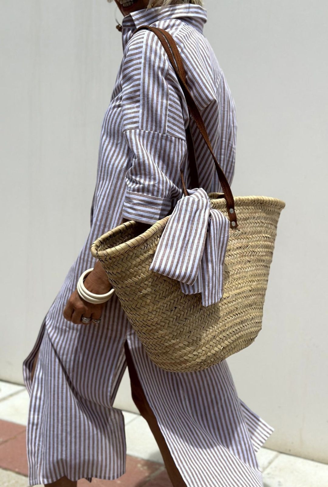 Women's Striped Shirt Dress with Point Collar Button Front Tie Waist and Side Slits