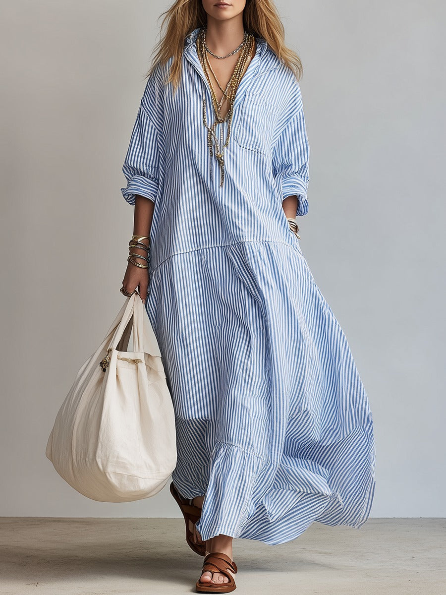 Women's Striped Summer Maxi Dress with Long Sleeve