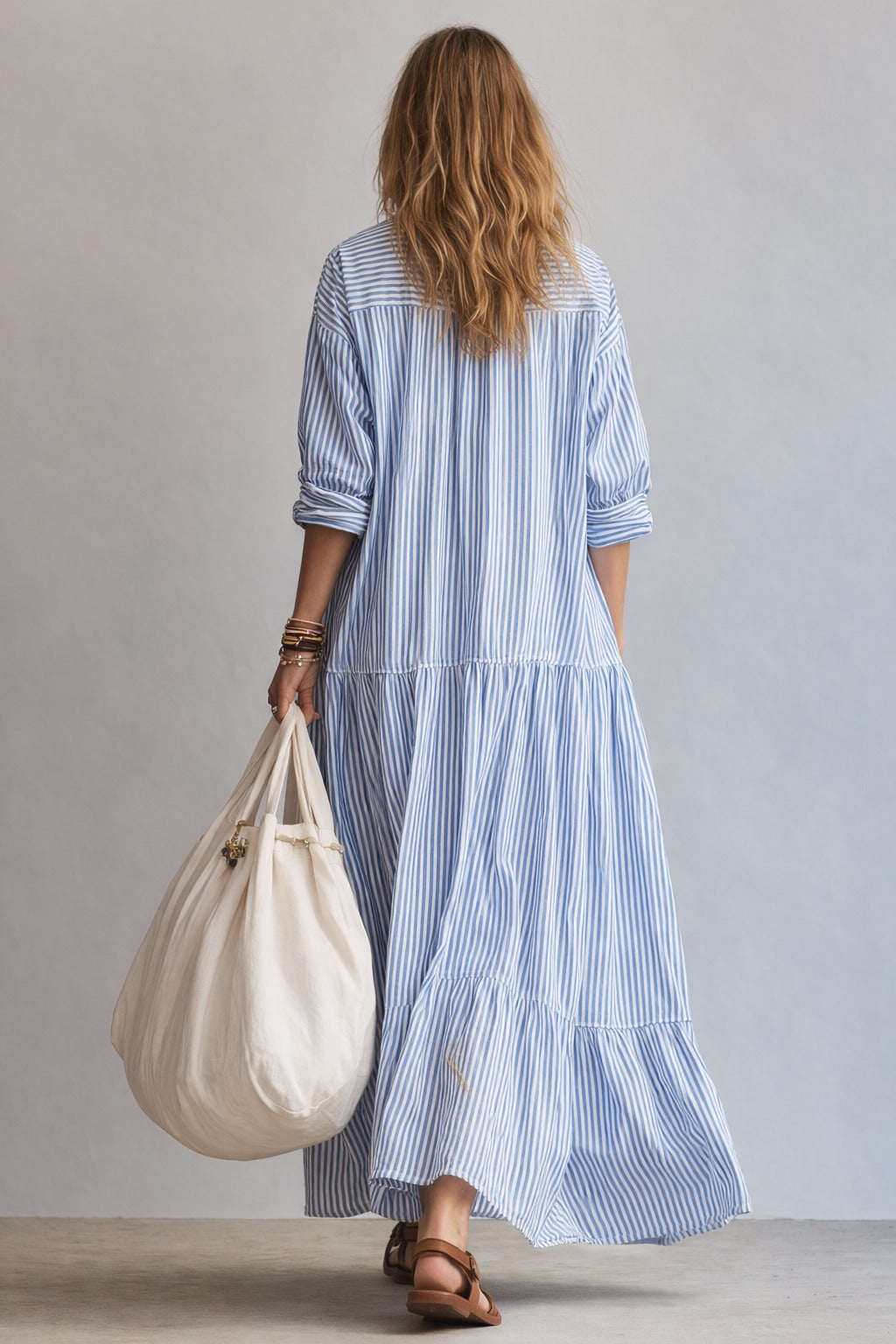 Women's Striped Summer Maxi Dress with Long Sleeve
