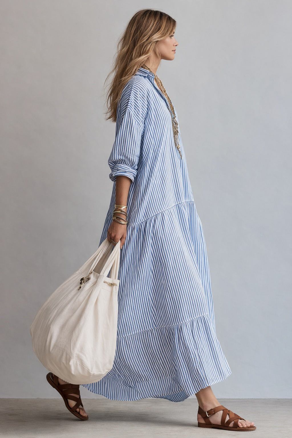 Women's Striped Summer Maxi Dress with Long Sleeve