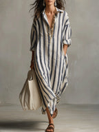 Women's Striped Summer Maxi Dress with Open Neckline and Pockets