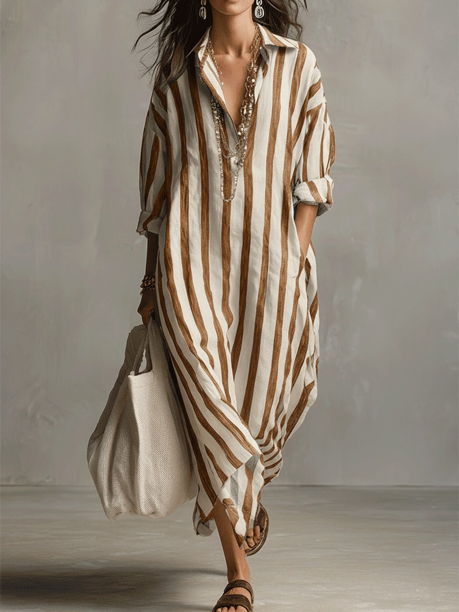 Women's Striped Summer Maxi Dress with Open Neckline and Pockets