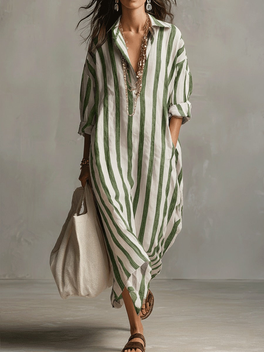 Women's Striped Summer Maxi Dress with Open Neckline and Pockets