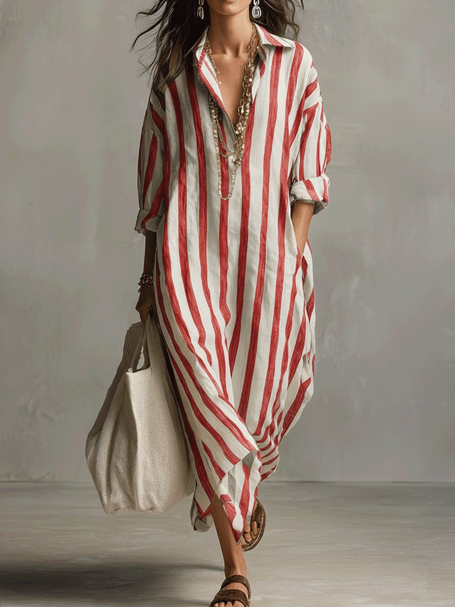 Women's Striped Summer Maxi Dress with Open Neckline and Pockets