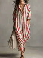 Women's Striped Summer Maxi Dress with Open Neckline and Pockets