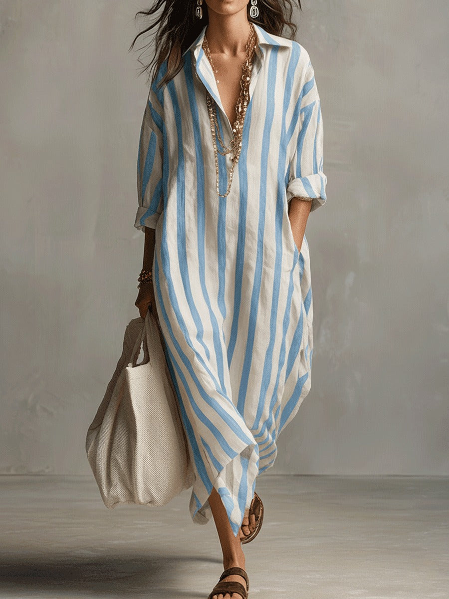 Women's Striped Summer Maxi Dress with Open Neckline and Pockets