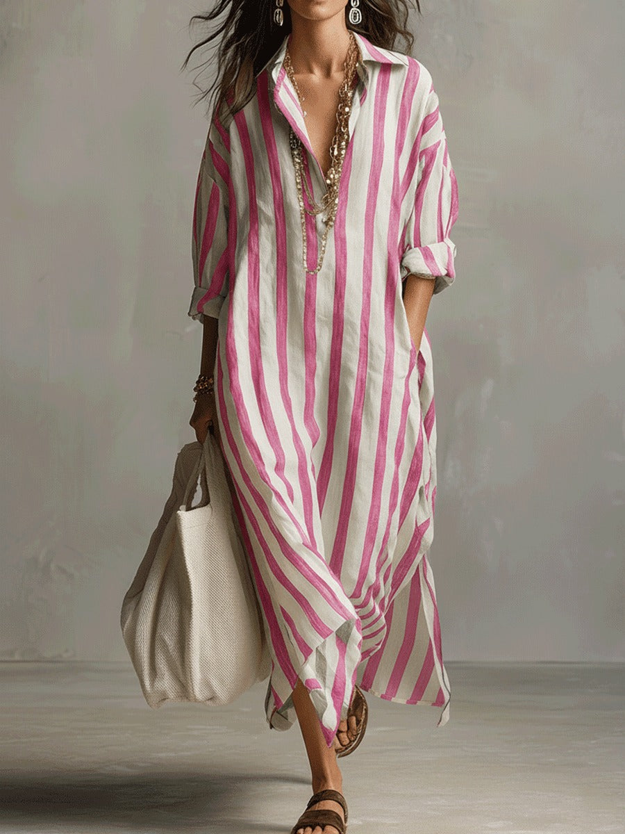 Women's Striped Summer Maxi Dress with Open Neckline and Pockets