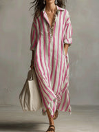 Women's Striped Summer Maxi Dress with Open Neckline and Pockets