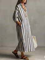 Women's Striped Summer Maxi Dress with Open Neckline and Pockets