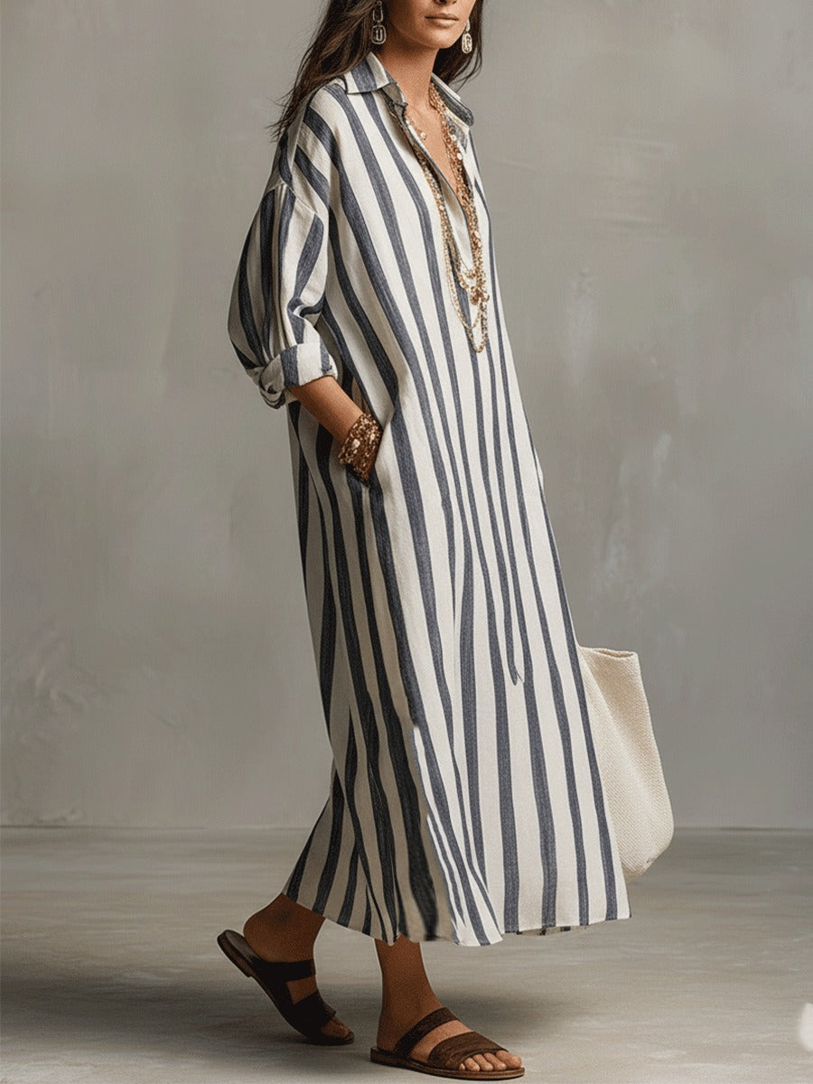 Women's Striped Summer Maxi Dress with Open Neckline and Pockets