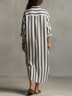 Women's Striped Summer Maxi Dress with Open Neckline and Pockets