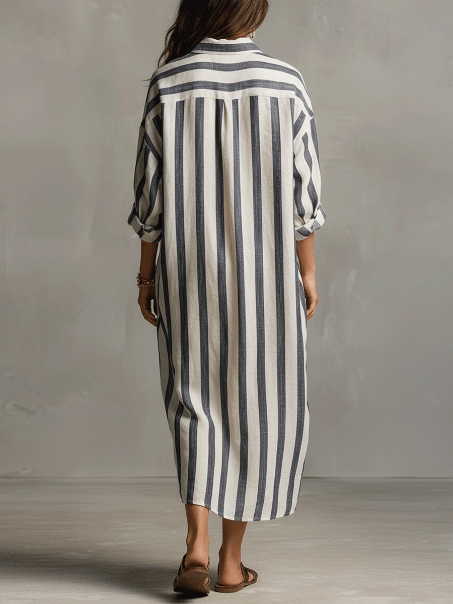 Women's Striped Summer Maxi Dress with Open Neckline and Pockets