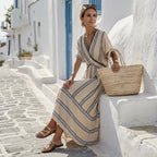Women's Striped Summer Maxi Dress with V-Neck