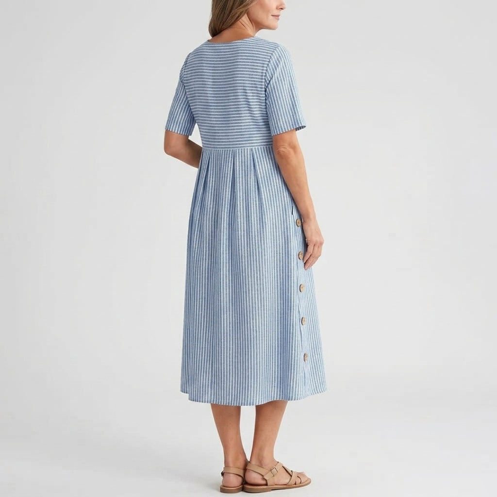 Women's Striped Summer Midi Dress with Short Sleeves