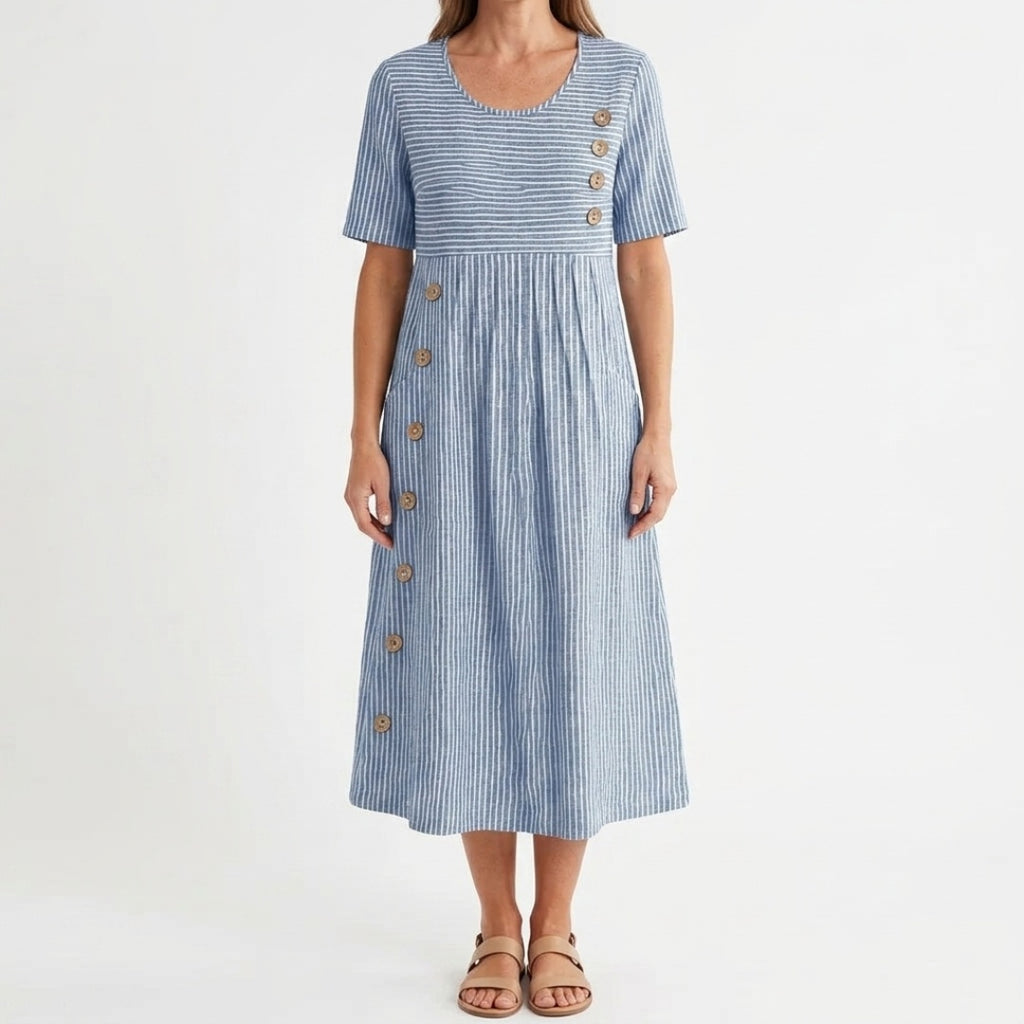 Women's Striped Summer Midi Dress with Short Sleeves