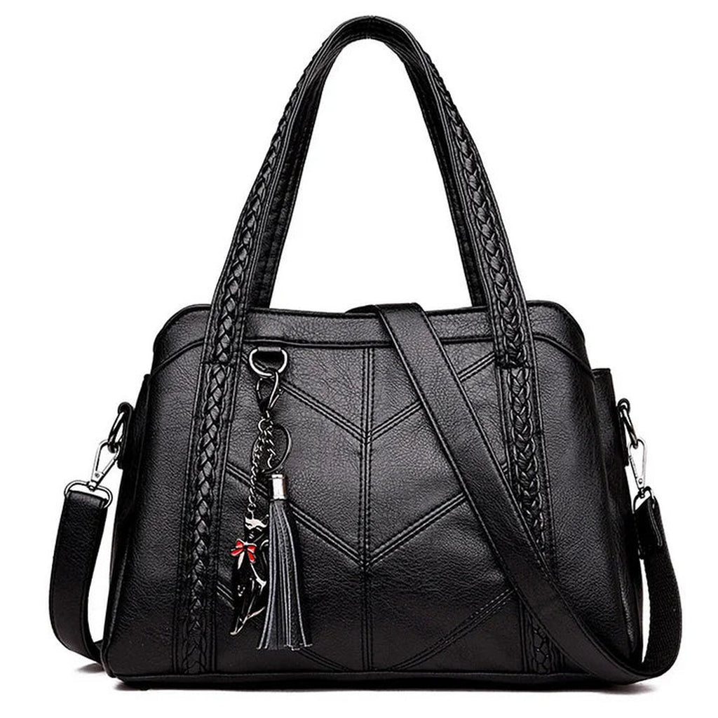Women's Structured Handbag with Braided-Trim Handles Chevron Panel Front and Tassel Charm Detail