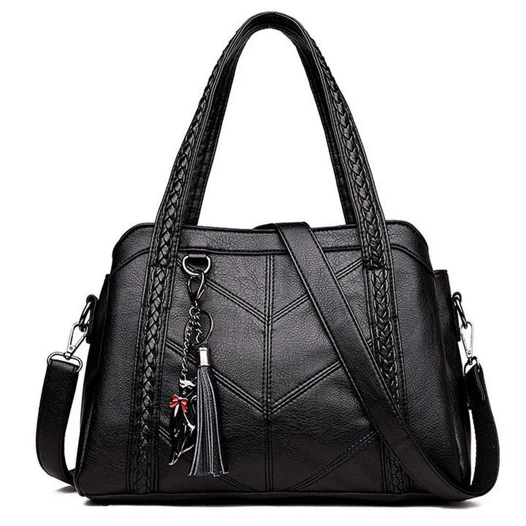 Women's Structured Handbag with Braided-Trim Handles Chevron Panel Front and Tassel Charm Detail