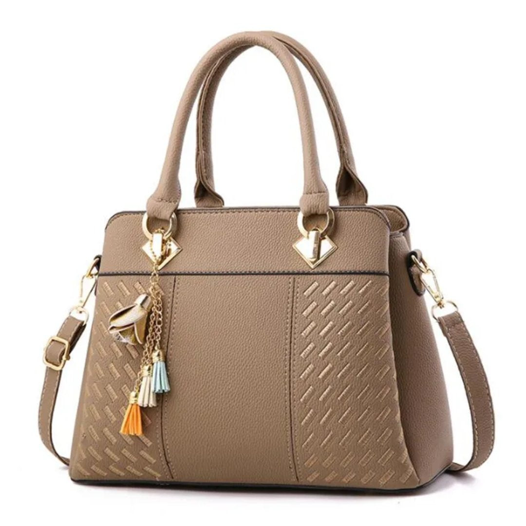 Women's Structured Handbag with Embossed Panel and Tassel Charm