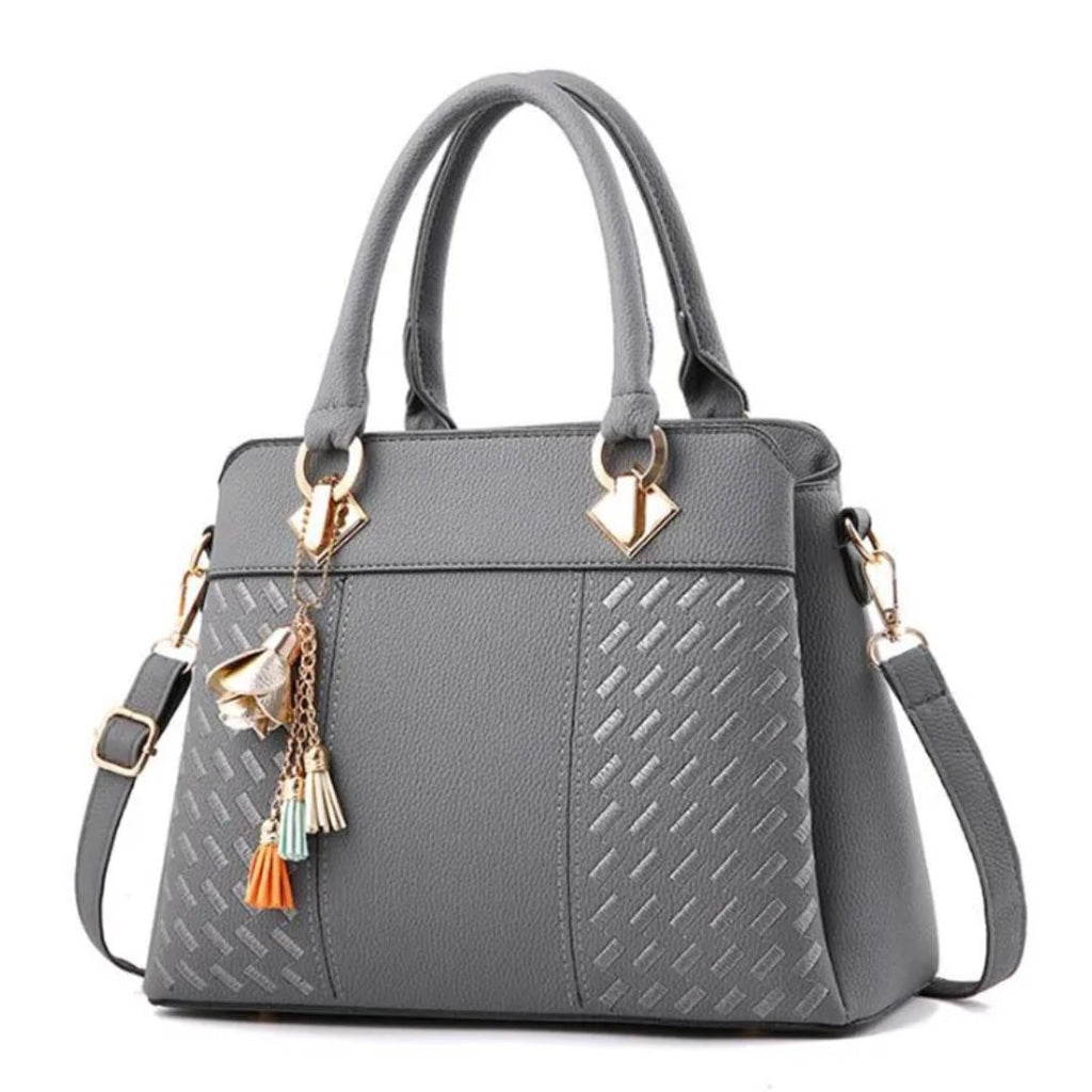 Women's Structured Handbag with Embossed Panel and Tassel Charm
