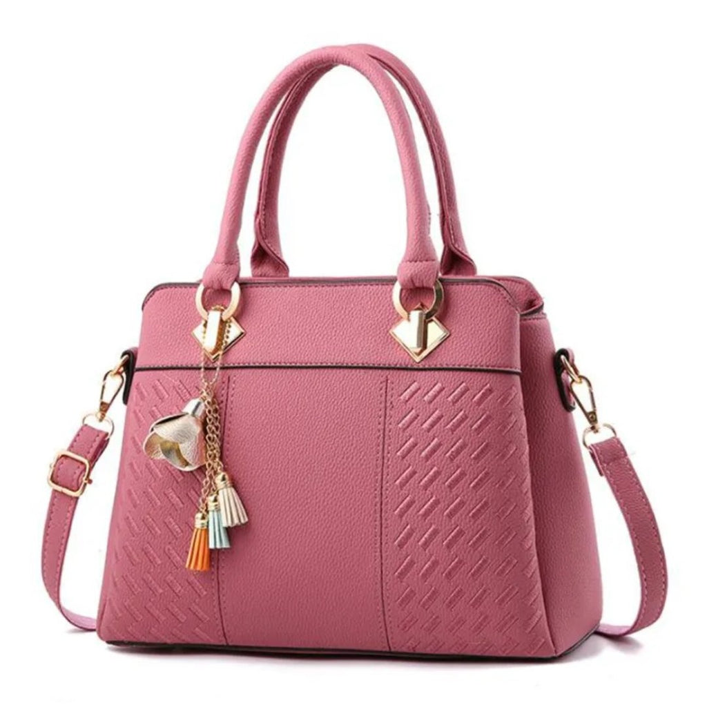 Women's Structured Handbag with Embossed Panel and Tassel Charm