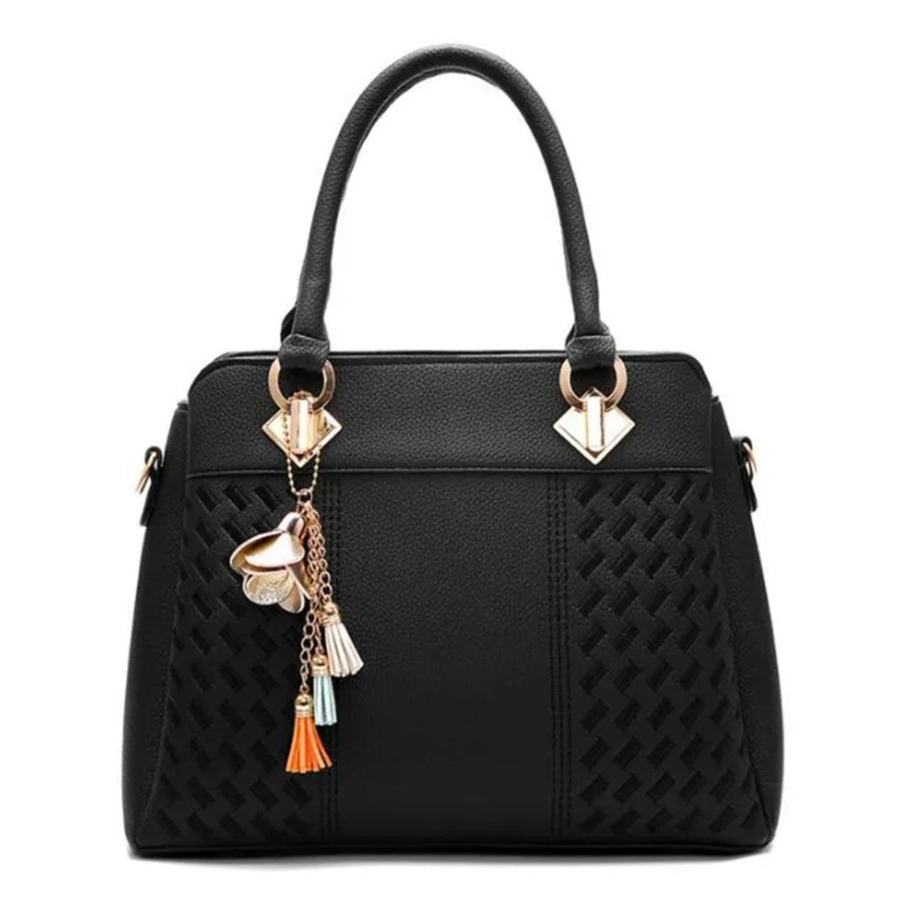 Women's Structured Handbag with Embossed Panel and Tassel Charm