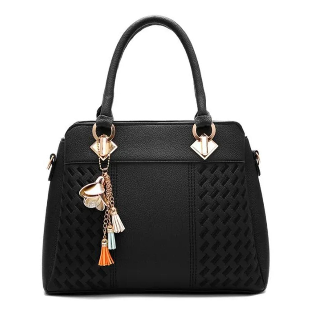 Women's Structured Handbag with Embossed Panel and Tassel Charm