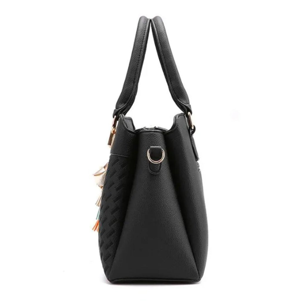 Women's Structured Handbag with Embossed Panel and Tassel Charm